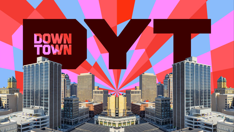 downtown dyt logo transposed over the skyline of Dayton, Ohio
