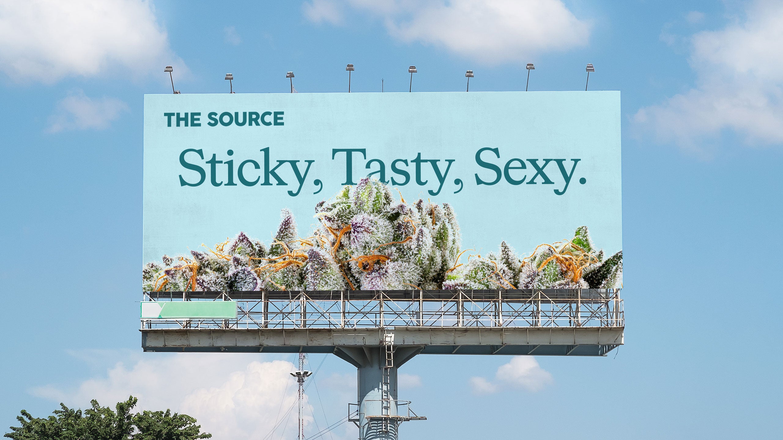 a billboard for the source that reads "sticky, tasty, sexy."