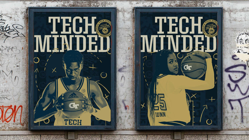 georgia tech basketball players on a poster that reads tech minded with basketball schematics surrounding