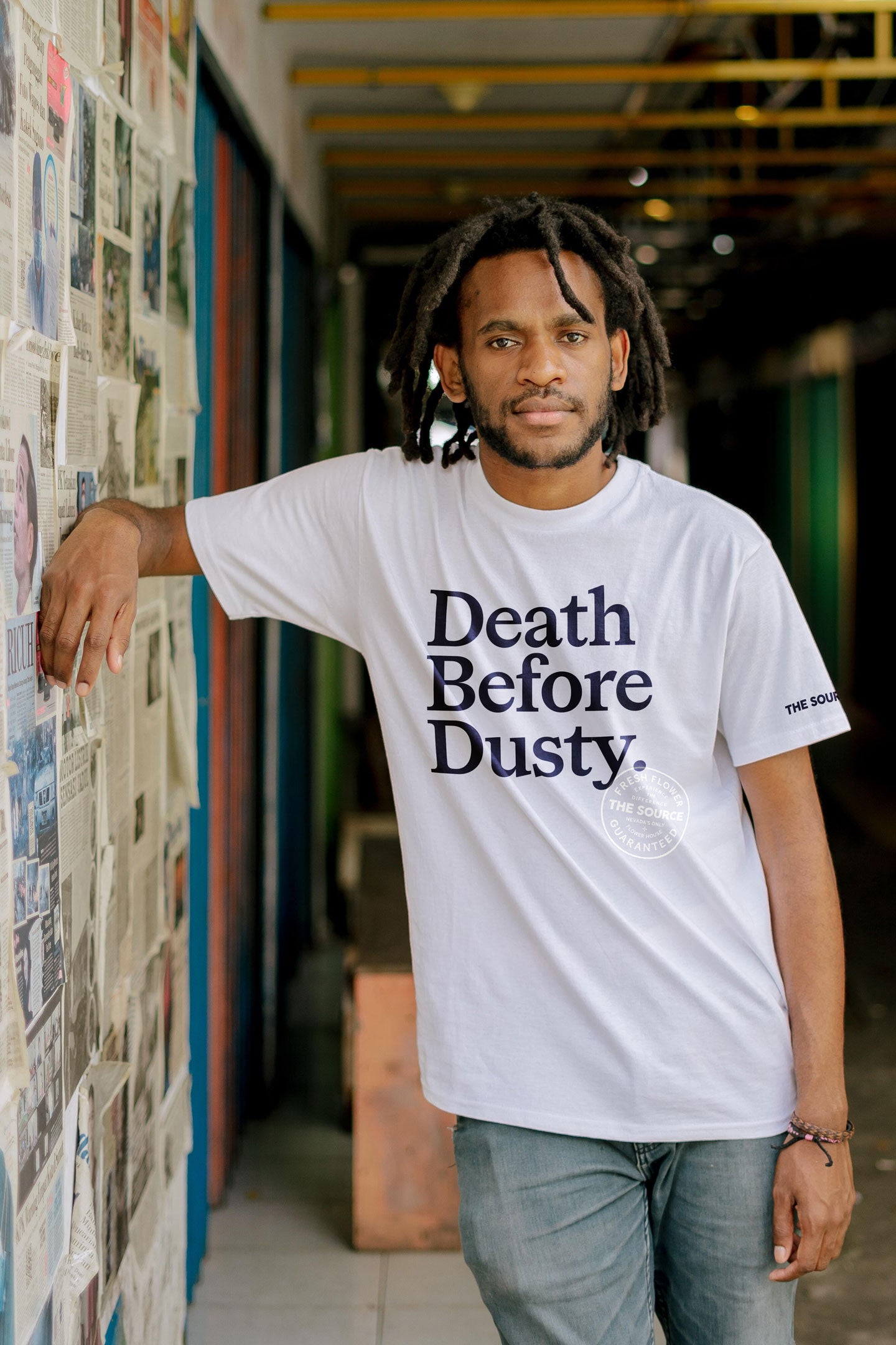 the source custom t-shirt merch that reads "death before dusty."