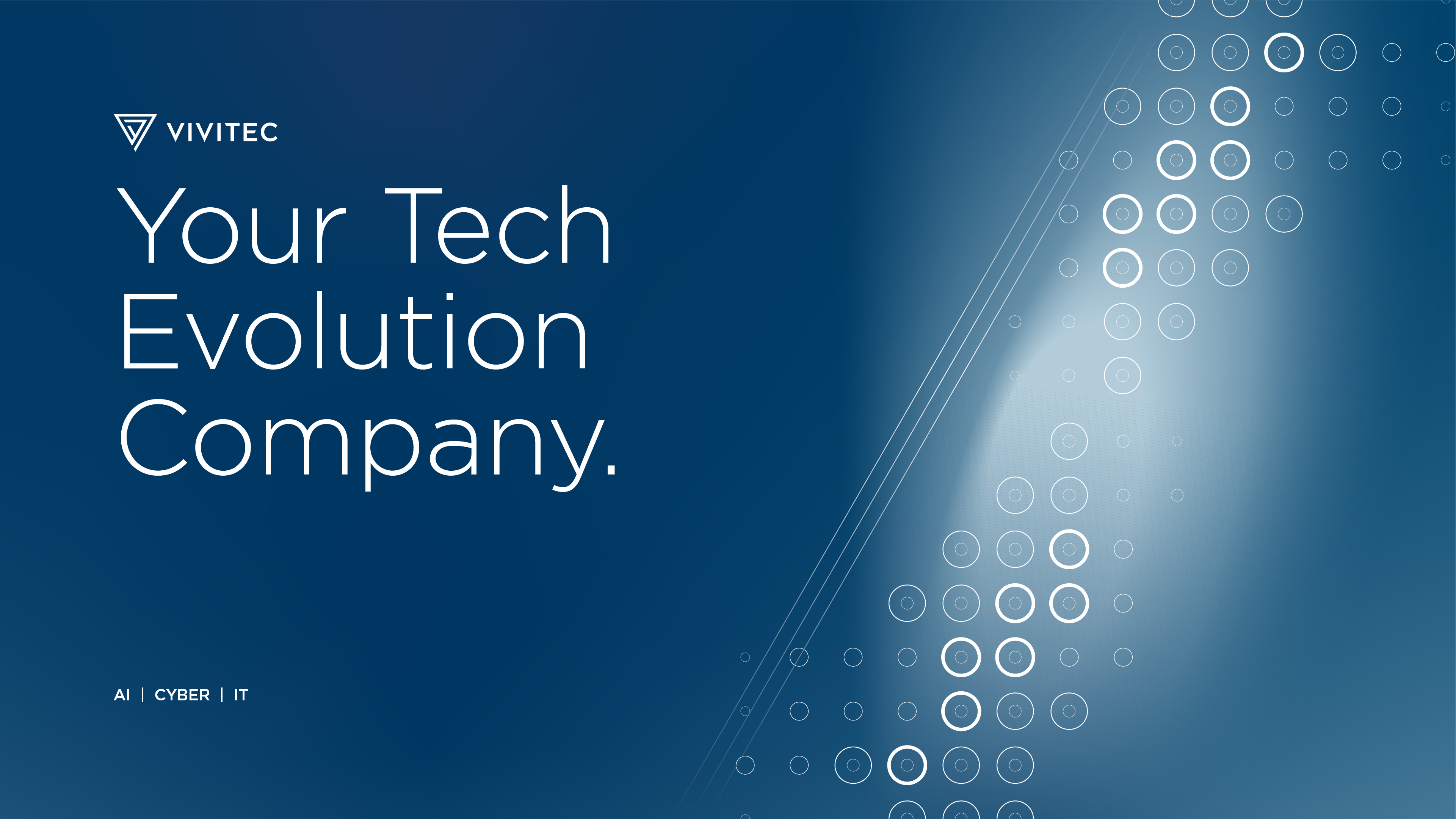 vivitec logo on blue background, with text underneath that reads your tech evolution company AI cyber and i t.