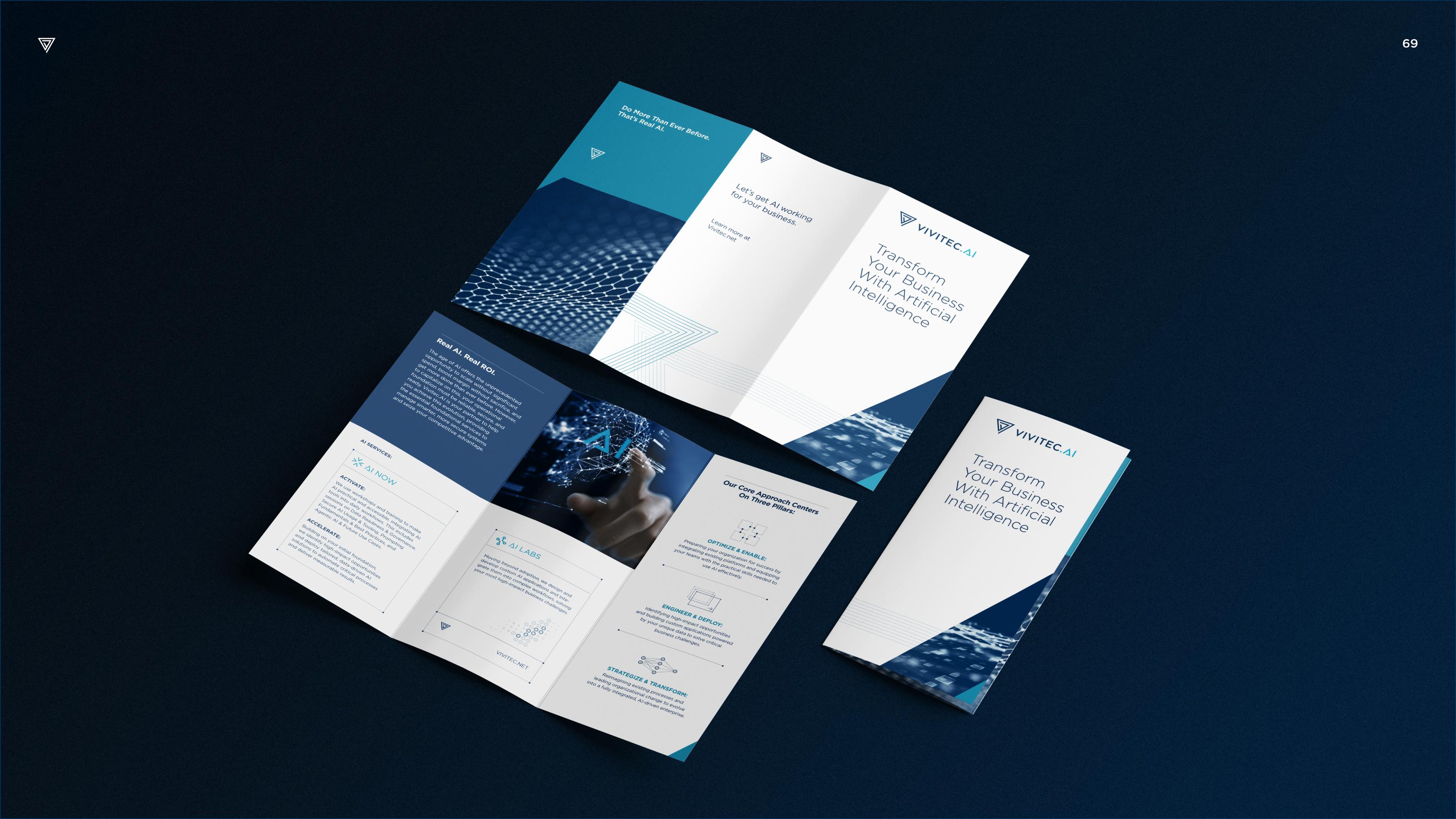 vivitec ai trifold that shows the story, reads transform your business with artificial intelligence