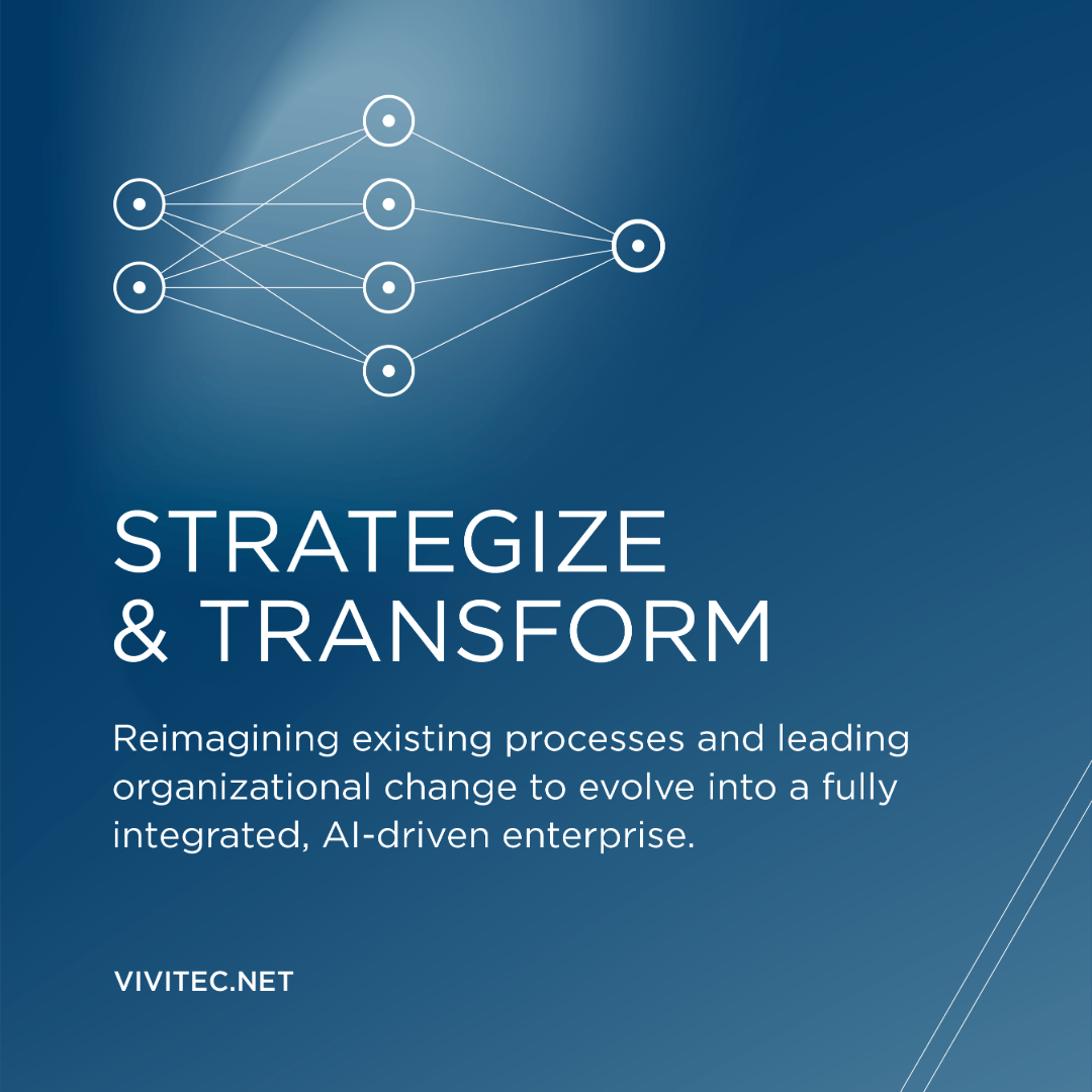 vivitec icons with the text strategize and transform reimagining existing processes and leading organizational change to evolve into a fully integrated, AI-driven enterprise.