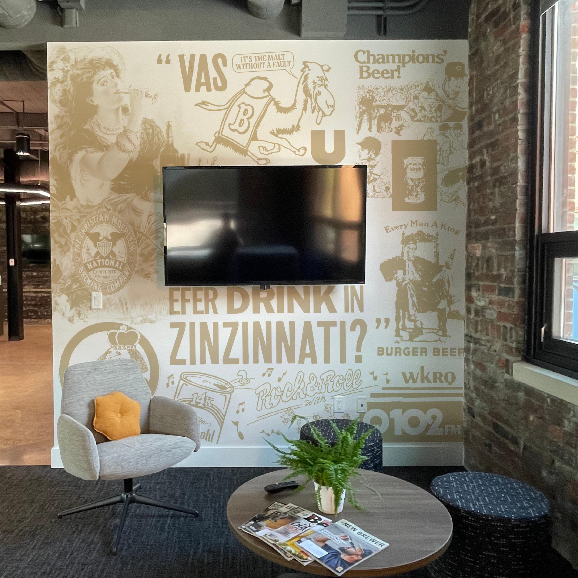 cincinnati beverage company environment wrap with classic advertisements from little kings, burger beer, moerlein, hudepohl